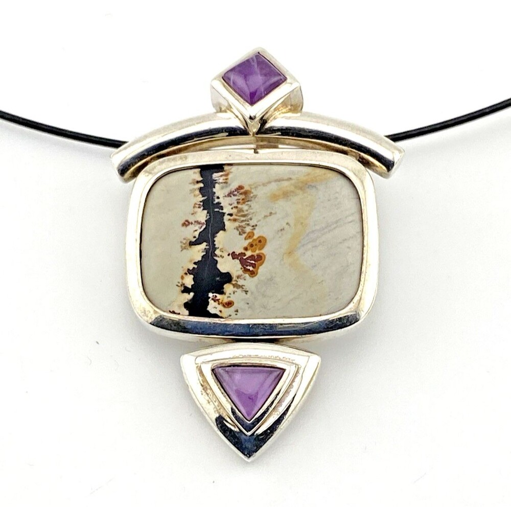 Vintage Artisan Sterling Picture Jasper Amethyst Art to Wear Pendant Necklace